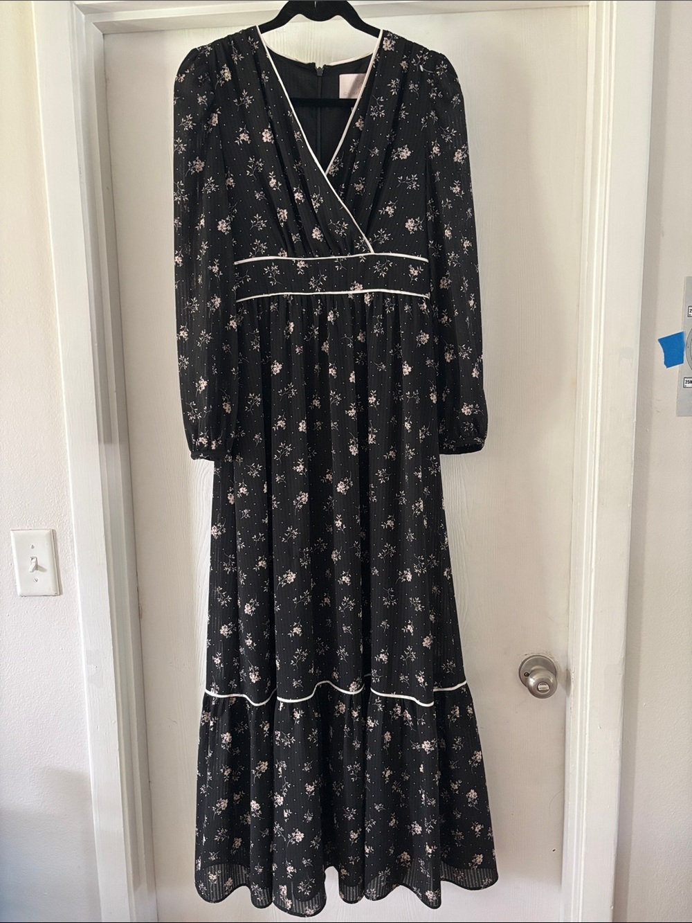 Gal Meets Glam Black Floral Maxi Dress with White Trim
